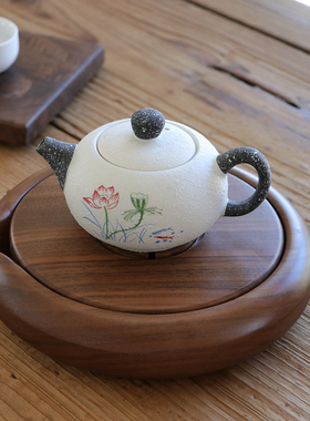 不凡木逸黑胡桃中式圆形茶盘简约茶海实木储水式茶台家用壶承整木