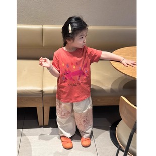 韩版女童T恤2026夏季新款男女童休闲百搭纯棉印花涂鸦红色短袖潮