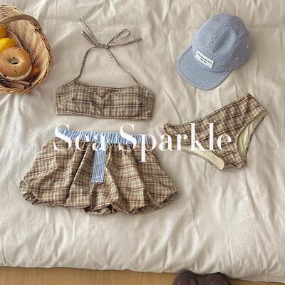 [Sea Sparkle]榛果ins韩系花苞裙比基尼三件套格纹jennie氛围海岛