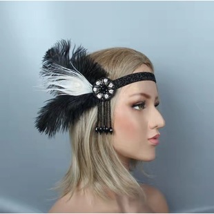 万圣节单身派对羽毛头带现货 1920s盖茨比化妆舞会黑色羽毛头饰女