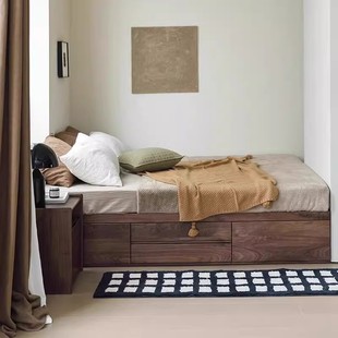 黑胡桃木无床头储物床实木高箱床小户型收纳榻榻米抽屉箱体床地台