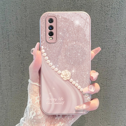 vivo y50t/y51s/y52s/y52t手机壳新款玻璃y53s/y55s/y55t保护套卡通可爱全包珍珠花朵