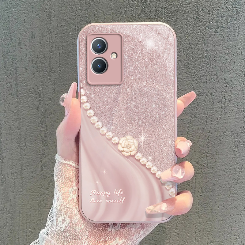 vivo y33e/y33s/y33t手机壳新款玻璃y35[5G]/Y35M/25m+/y36保护套卡通可爱全包珍珠花朵