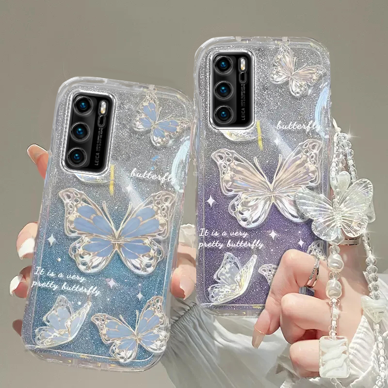 华为p40手机壳p40pro透明p9软p10套p20硅胶p30防摔pro奢华+全包p50潮p60高档Pura70蝴蝶huawei手链闪粉ultra