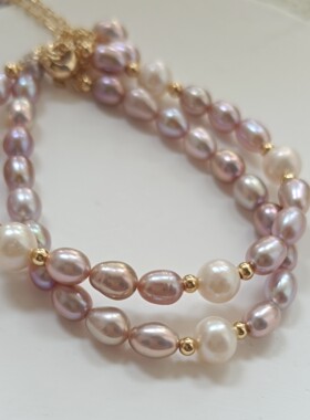 近正圆白色珍珠~原创天然淡水米形人鱼紫珍珠手链5-6mm仙气小众女