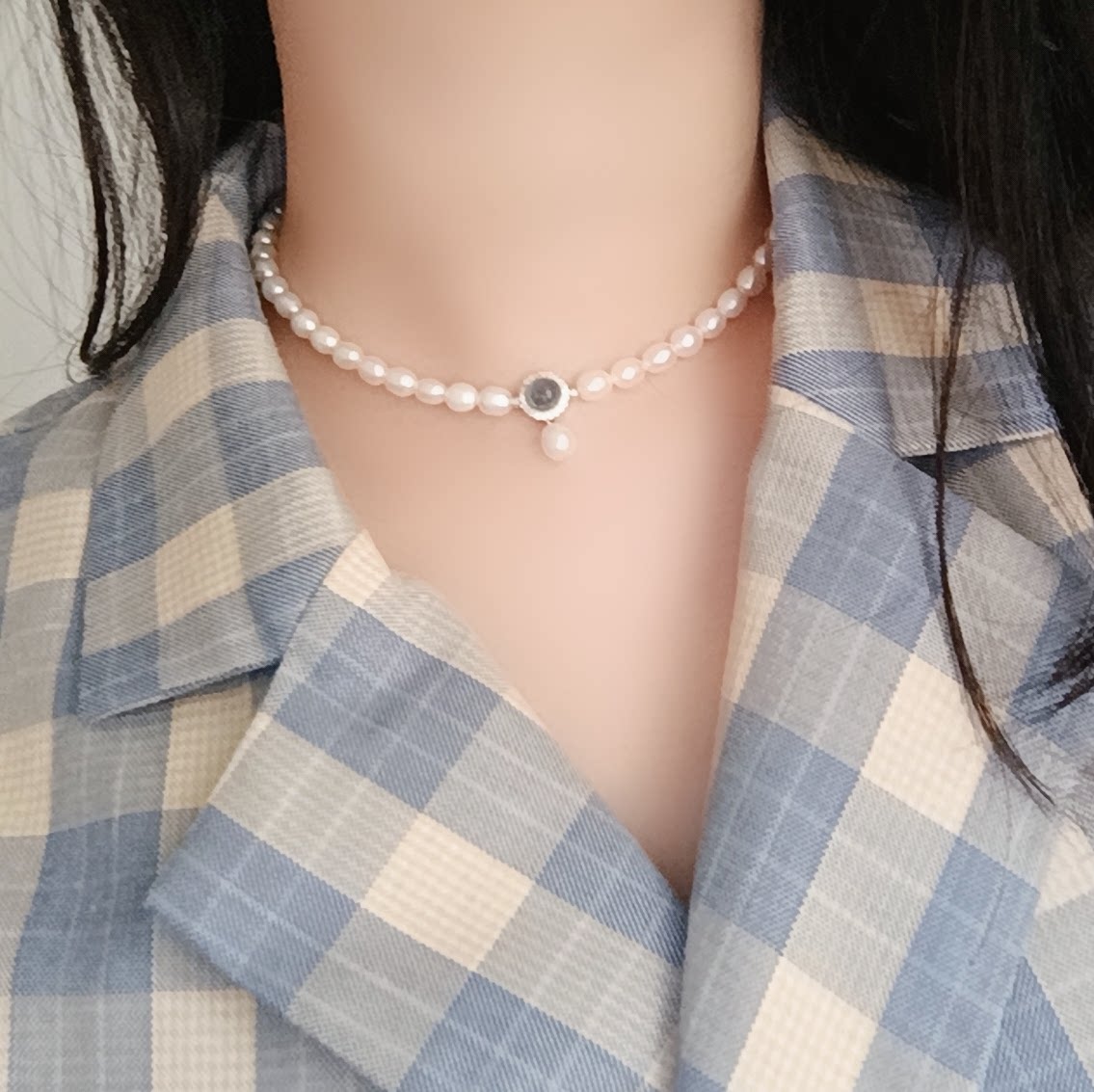 银镶钻天然海蓝宝6-7mm天然米形淡水珍珠项链颈饰高级感轻奢绝美