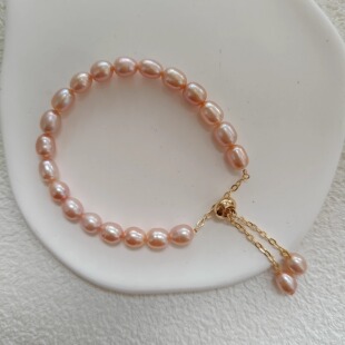 粉红色天然淡水米形珍珠可调节手围高亮简约气质轻奢真珍珠手链