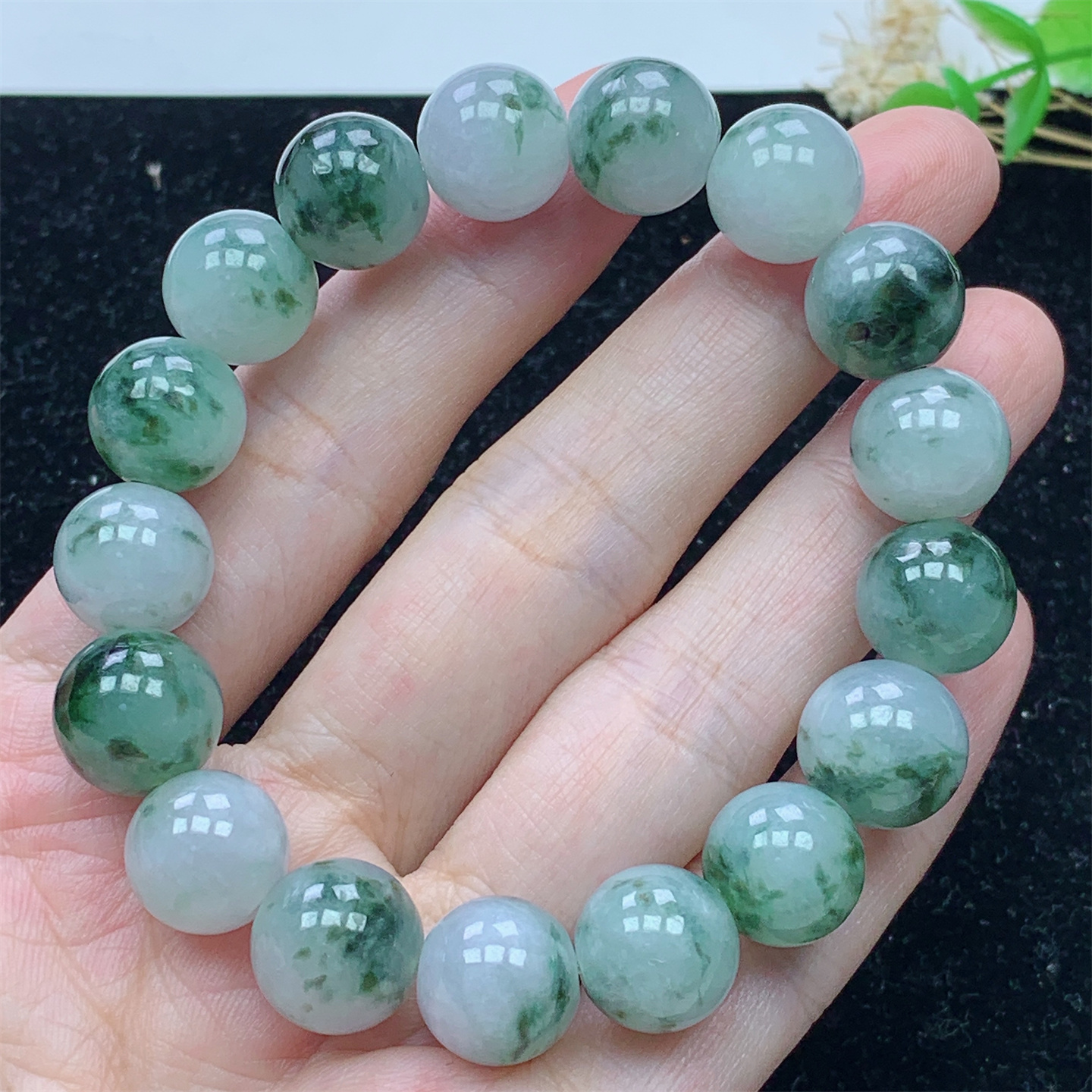 缅甸A货翡翠老坑冰飘花圆珠手串