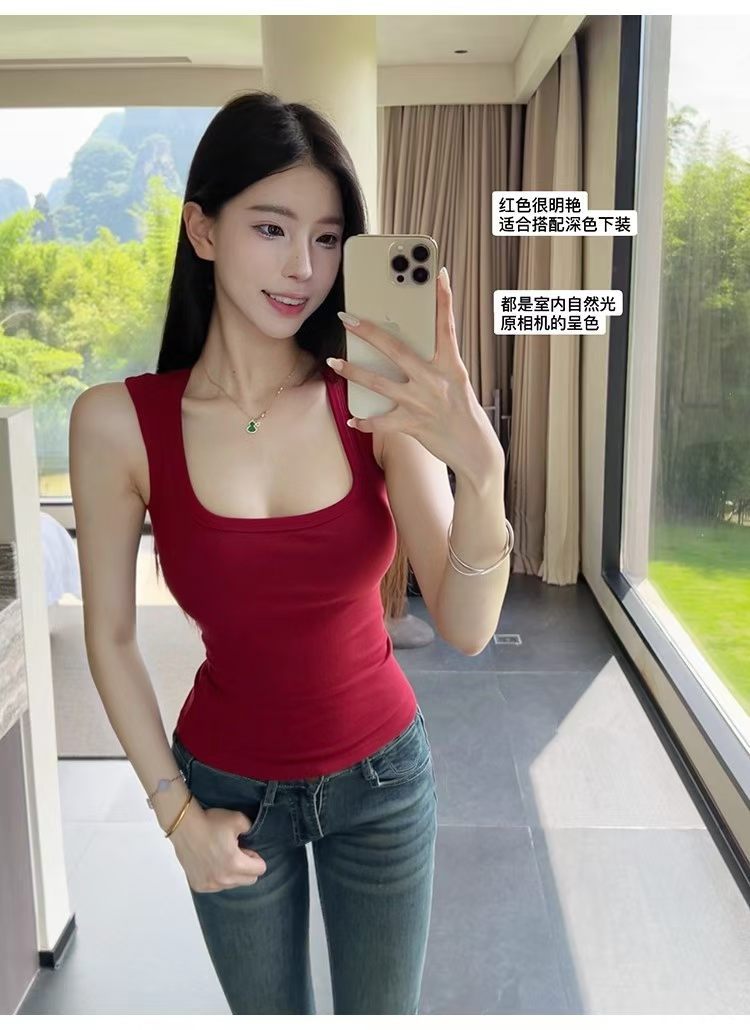 美式复古辣妹风方领吊带背心女夏季新款修身显瘦内搭短款上衣美背