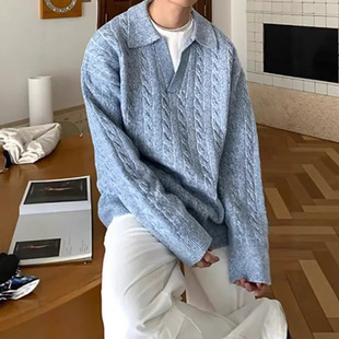 灰色假两件不起球毛衣男款秋冬季慵懒感韩系穿搭v领内搭针织衫