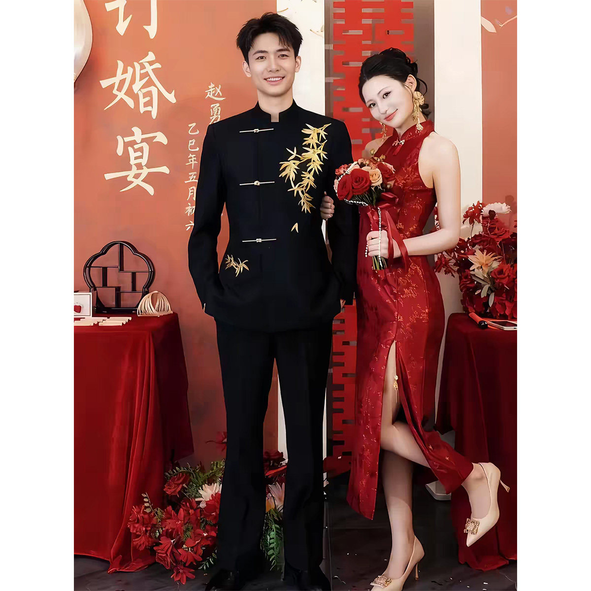 新中式中山装立领刺绣小众中国风高级感西装套装黑色婚礼新郎正装