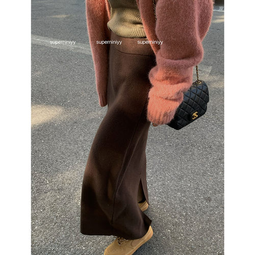 羊绒开叉针织半身裙女秋冬a字裙