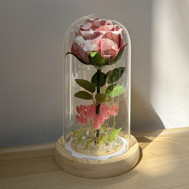 三八妇女节礼物生日手工diy材料郁金香玻璃罩有钱花手折花玫瑰