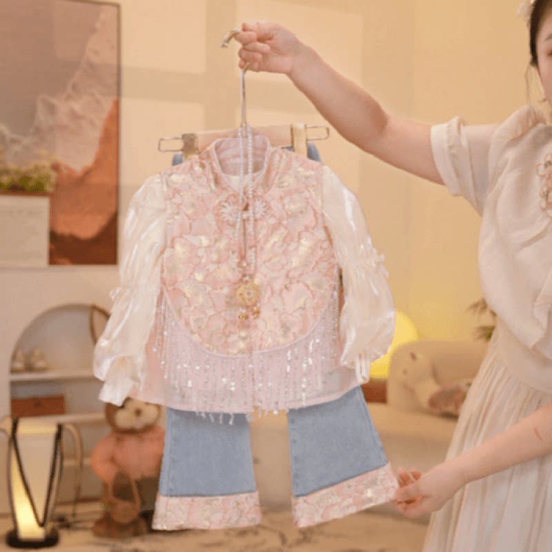 女童秋季中国风重工牛仔三件套