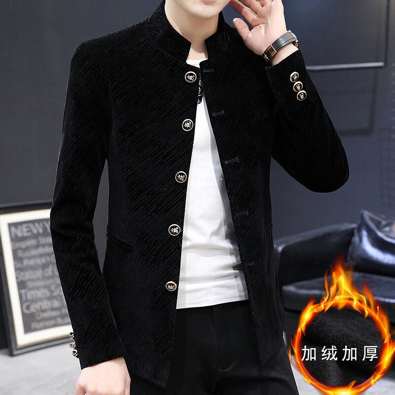 外套男士加绒加厚秋冬季韩版中山装青年潮流帅气立领西装唐装夹克