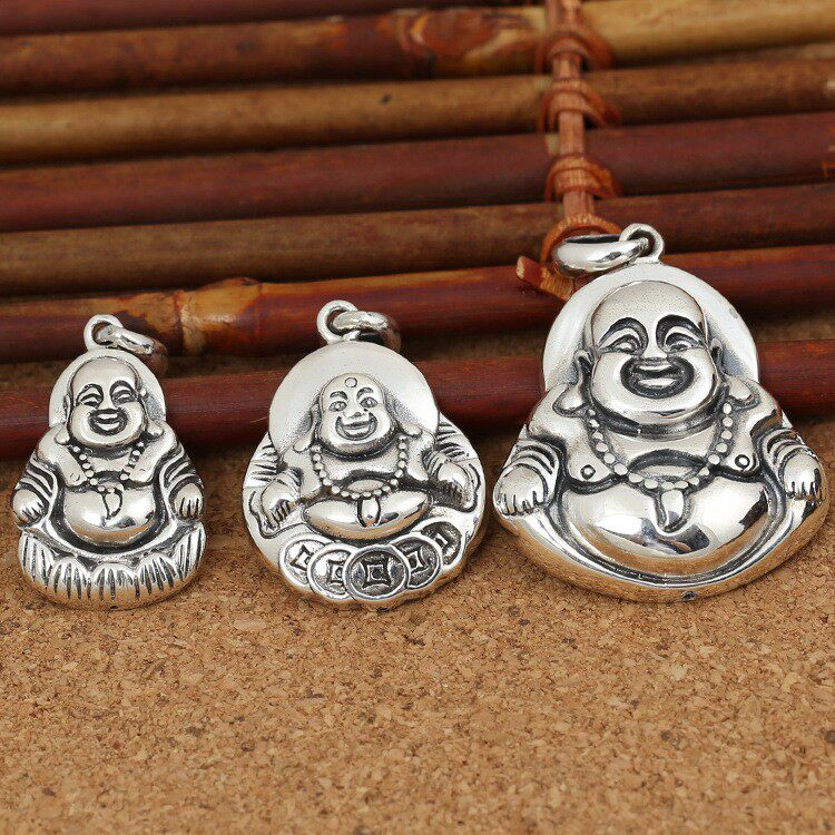 银饰s925纯银复古平安笑弥勒佛银牌吊坠男女同款潮流项链挂饰坠子