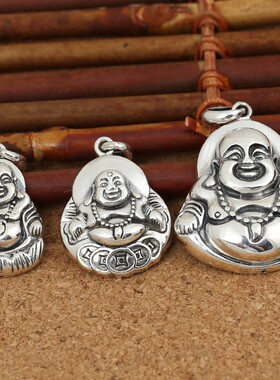 克罗潮s925纯银复古心平安笑弥勒佛银牌吊坠男女潮流项链挂饰坠子