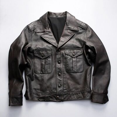 P37真皮皮衣男青年翻领单排扣复古头层牛皮短款机车服皮夹克外套