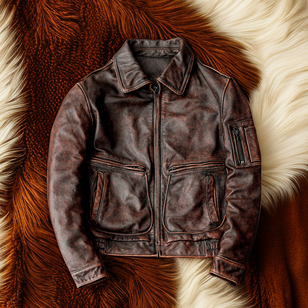 工厂特价 新款做旧飞行服头层牛皮真皮皮衣男夹克机车复古 红棕色