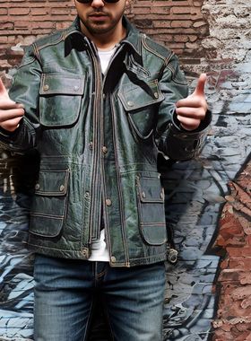 植鞣蜡染绿色小幼马皮M65美式猎装男士高档真皮皮衣外套