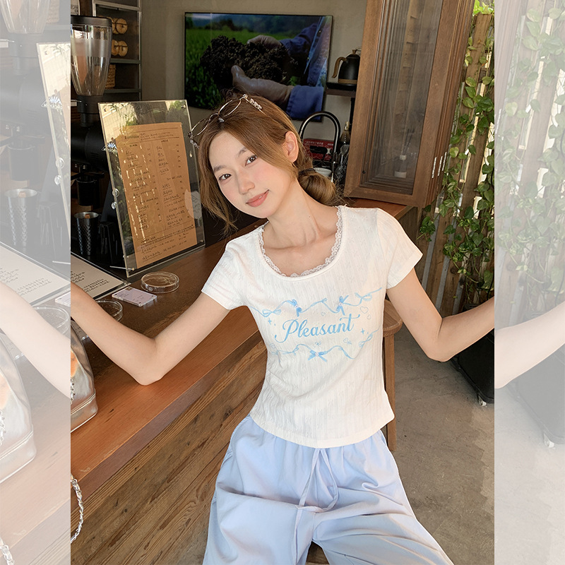 白色印花蕾丝圆领正肩短袖T恤女2025年夏季新款设计感蝴蝶结上衣