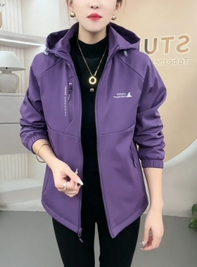春秋季女士宽松显瘦连帽冲锋衣外套上衣休闲运动服夹克衫洋气百搭