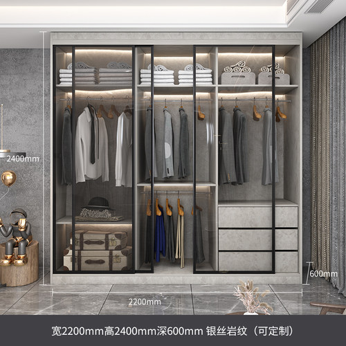 意式极简推拉门大衣柜实木网红轻奢玻璃门一门到顶整体衣橱衣帽间