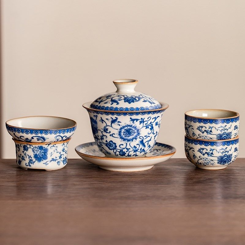 青花汝窑三才盖碗单个家用防烫泡茶具中式功夫陶瓷泡茶碗茶杯礼盒,餐饮具,盖碗,淘宝优惠券,粉丝福利购,淘宝优惠卷