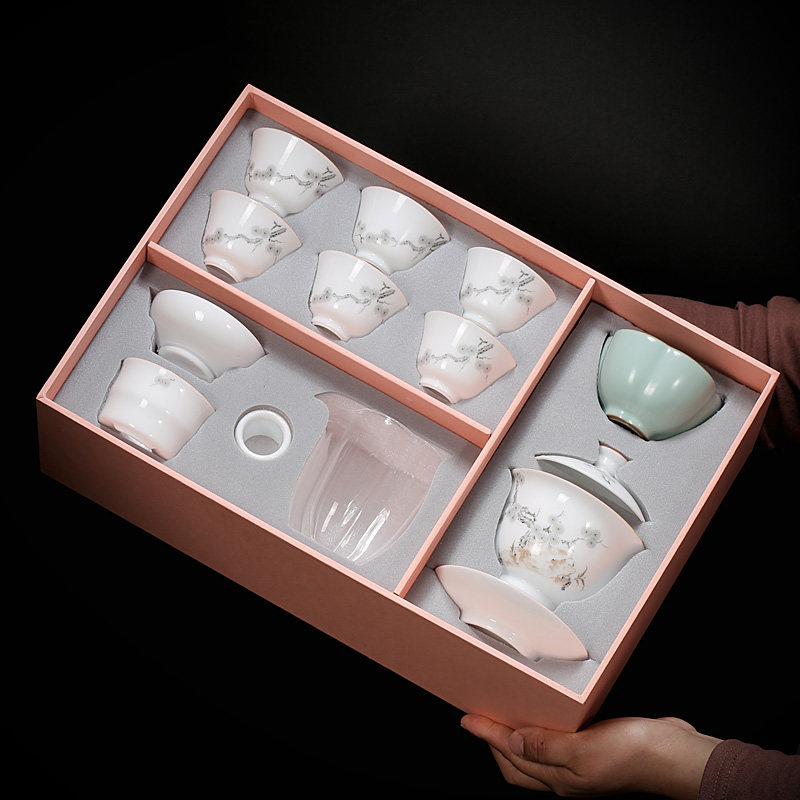 白瓷茶具套装家用陶瓷办公室会客盖碗功夫茶杯套装礼盒,餐饮具,功夫茶具,淘宝优惠券,粉丝福利购,淘宝优惠卷