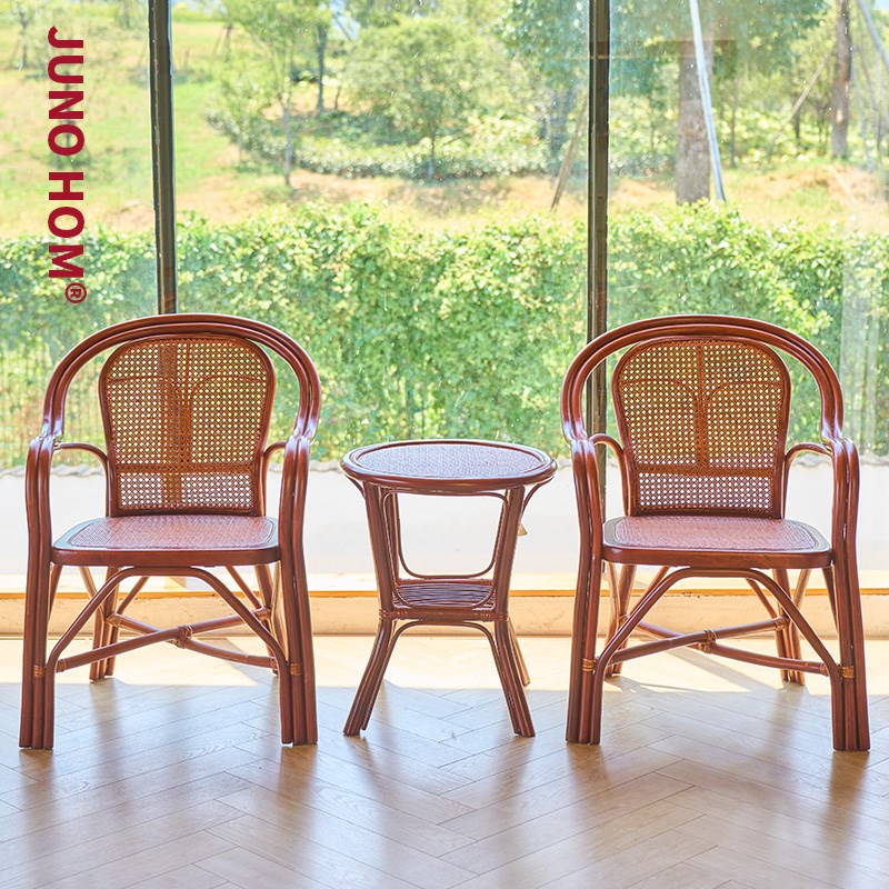 天然真藤托腰休闲椅三件套家用靠背田园式椅老人单人藤椅阳台客厅
