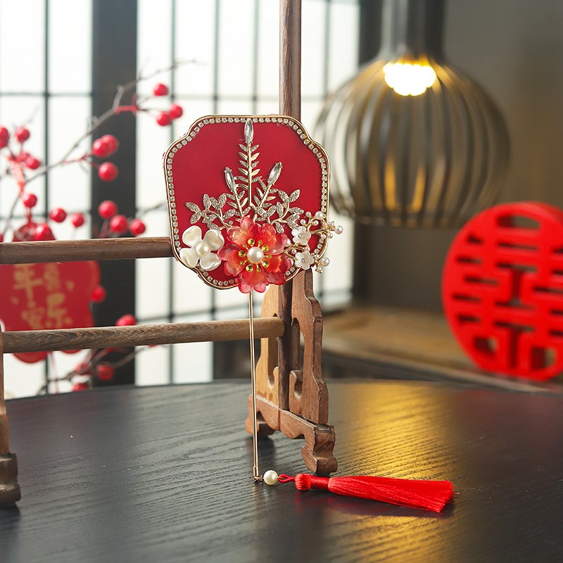 中式秀禾扇子迷你花扇晨袍古风旗袍结婚喜庆拍照道具伴娘新娘团扇