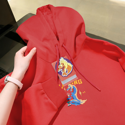 李宁日进斗金卫衣男女同款2026春季新款红色连帽长袖宽松套头衫