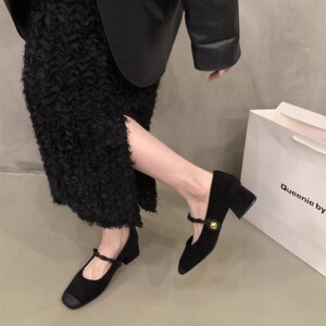 法式粗跟黑色绒面晚晚鞋女鞋子2023新款秋冬玛丽珍中高跟浅口单鞋