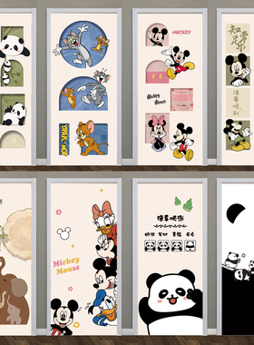定制门贴画遮丑可爱熊猫推拉门 自粘防水不透翻新衣柜门整张贴纸