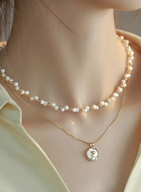 双层叠戴珍珠项链不掉色女秋冬百搭高级感小众轻奢毛衣锁骨链饰品
