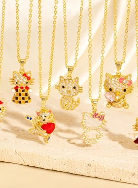 新款甜美可爱风猫咪满钻滴油项链镶钻精致时尚气质精致小猫吊坠女
