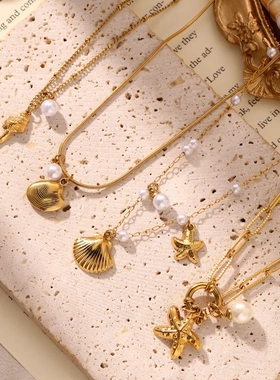 跨境海洋风不锈钢海星项链欧美时尚气质贝壳项链女珍珠锁骨链