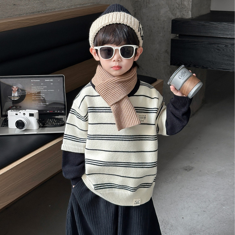 2025新款儿童假两件毛衣男童圆领套头条纹拼接冬季内搭保暖打底衫