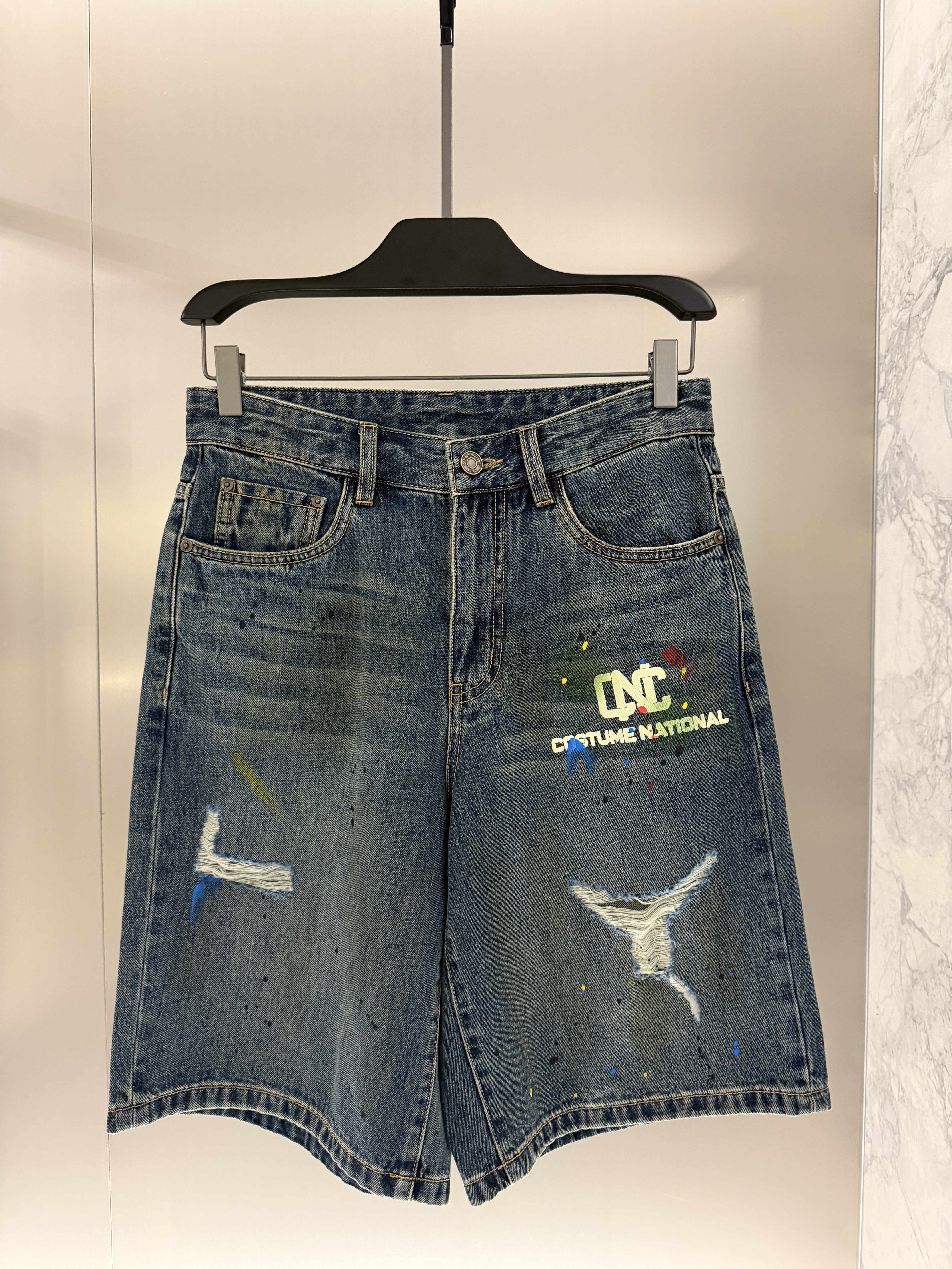 CNC男装26夏季新款印花破洞牛仔短裤字母logo印花直筒裤298007