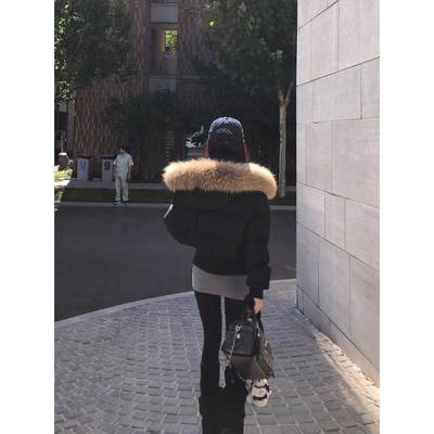 黑色短款小个子大毛领连帽羽绒服女冬季90白鸭绒韩系加厚保暖外套