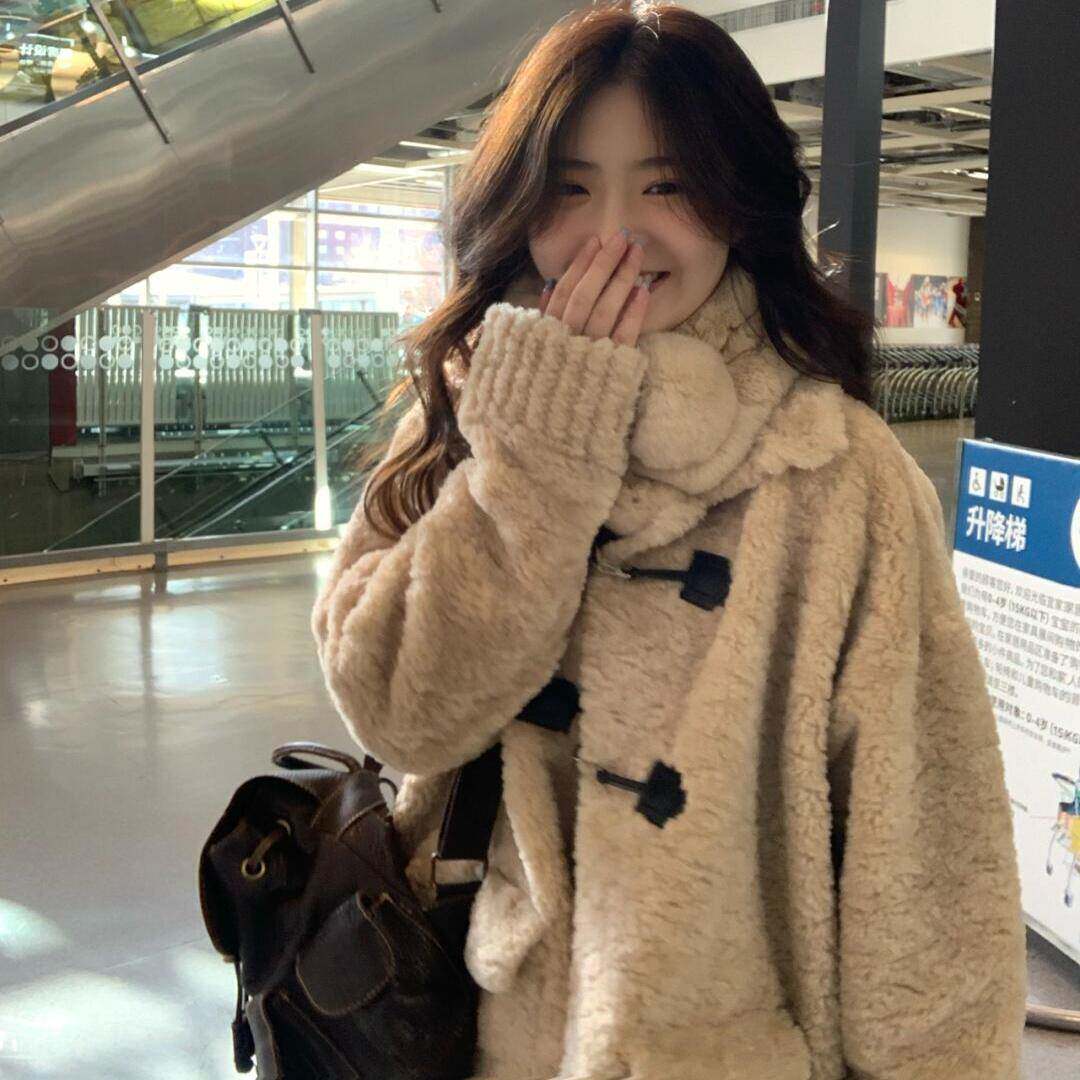 韩系翻领甜美温柔奶fufu羊羔毛外套女皮毛一体毛绒绒大衣秋冬加厚