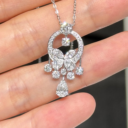 捕梦网 PT950铂金培育钻蝴蝶水滴吊坠项链女轻奢满钻超闪锁骨链