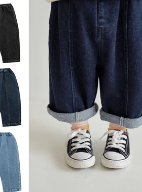 女童黑色牛仔裤直筒九分今年流行裤子2023春秋加绒儿童衣服新款胖