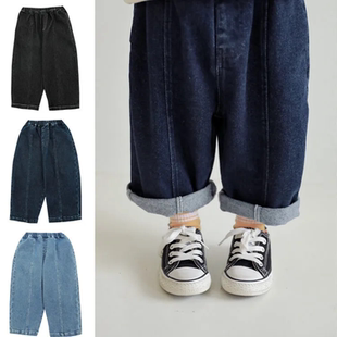 女童黑色牛仔裤直筒九分今年流行裤子2023春秋加绒儿童衣服新款胖
