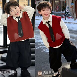 马甲男款儿童外穿洋气男孩中式新国风男童高级感痞帅衬衫加绒内搭