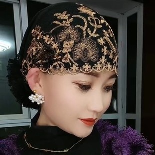 新款2023冬季刺绣妈妈帽子时尚洋气包头白发网红爆款蕾丝纱巾