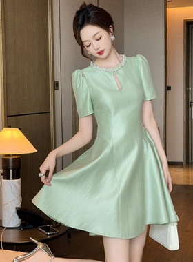 2025夏季新款女装法式薄荷绿收腰连衣裙显瘦显高气质a字裙80196