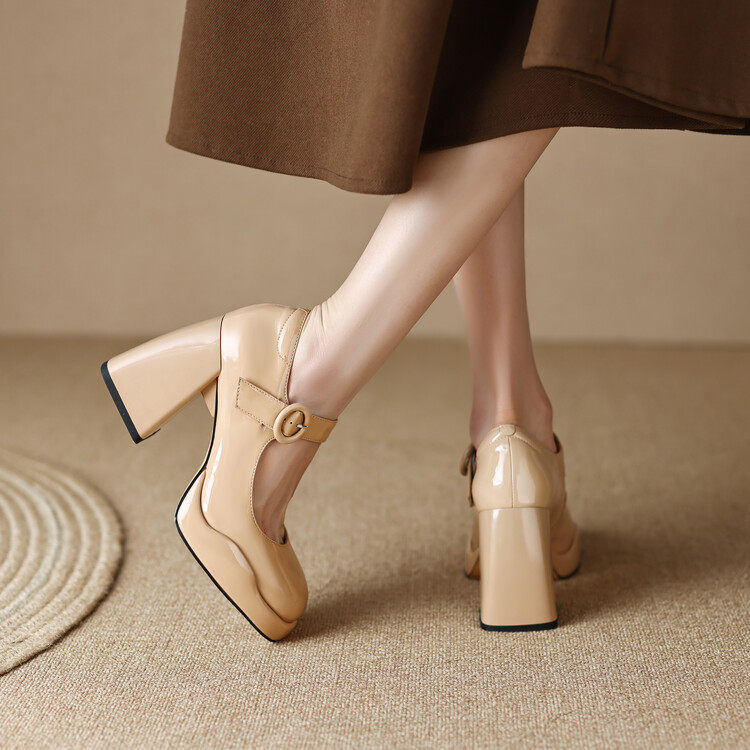 10CM 울트라 하이힐 두꺼운 뒤꿈치 여성용 싱글 신발  가죽 두꺼운 단독 원 스트랩 33 메리 제인 신발 41 새로운 대형 작은 가죽 신발