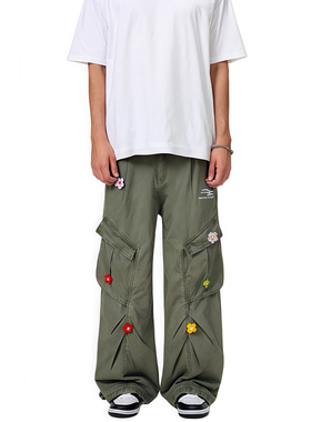 RASP多口袋花朵刺绣工装裤男女潮牌秋季休闲裤子美式高街直筒长裤