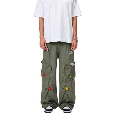 RASP多口袋花朵刺绣工装裤男女潮牌秋季休闲裤子美式高街直筒长裤